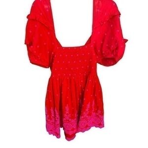 Topshop Broderie wrap puff sleeve redsleeve red and pink eyelet